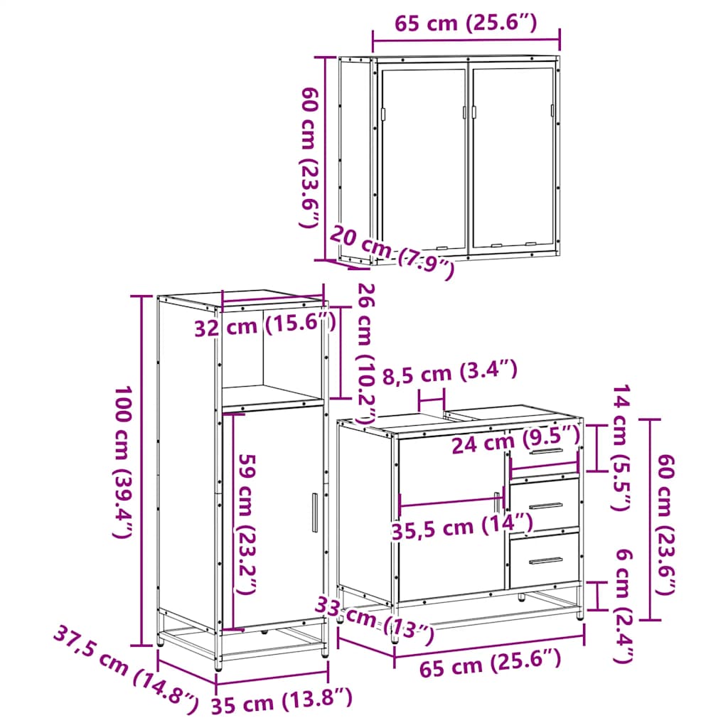 3-tlg. Badmöbel-Set Braun Eichen-Optik Holzwerkstoff