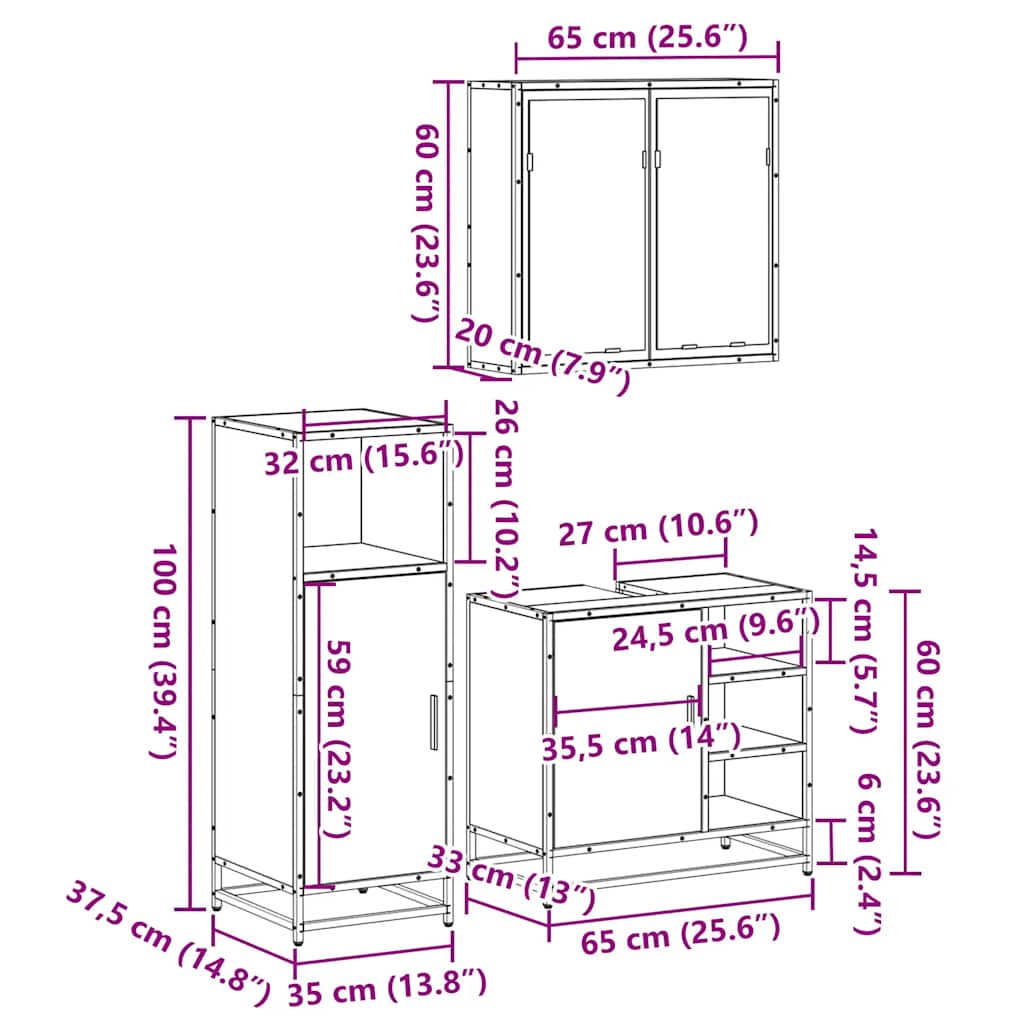 3-tlg. Badmöbel-Set Räuchereiche Holzwerkstoff