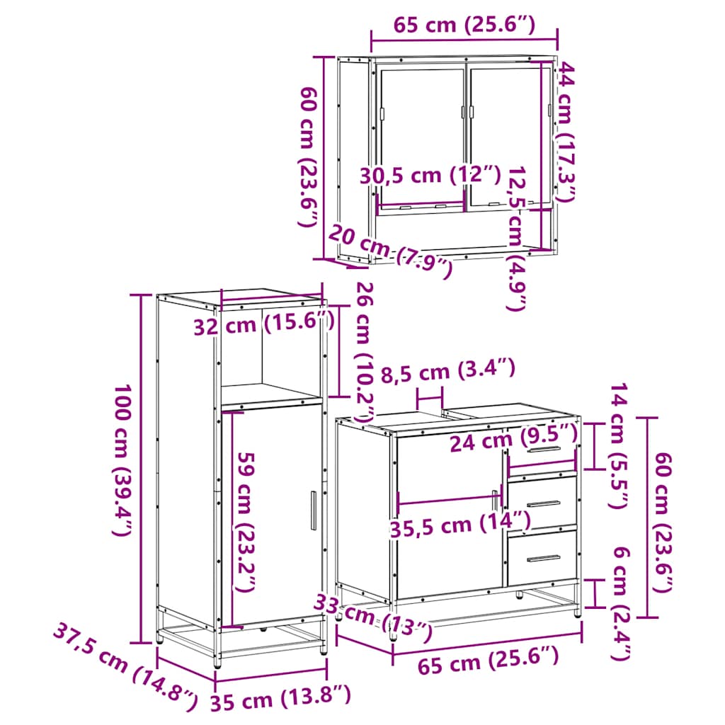 3-tlg. Badmöbel-Set Räuchereiche Holzwerkstoff