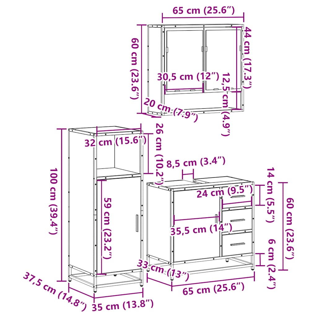 3-tlg. Badmöbel-Set Räuchereiche Holzwerkstoff