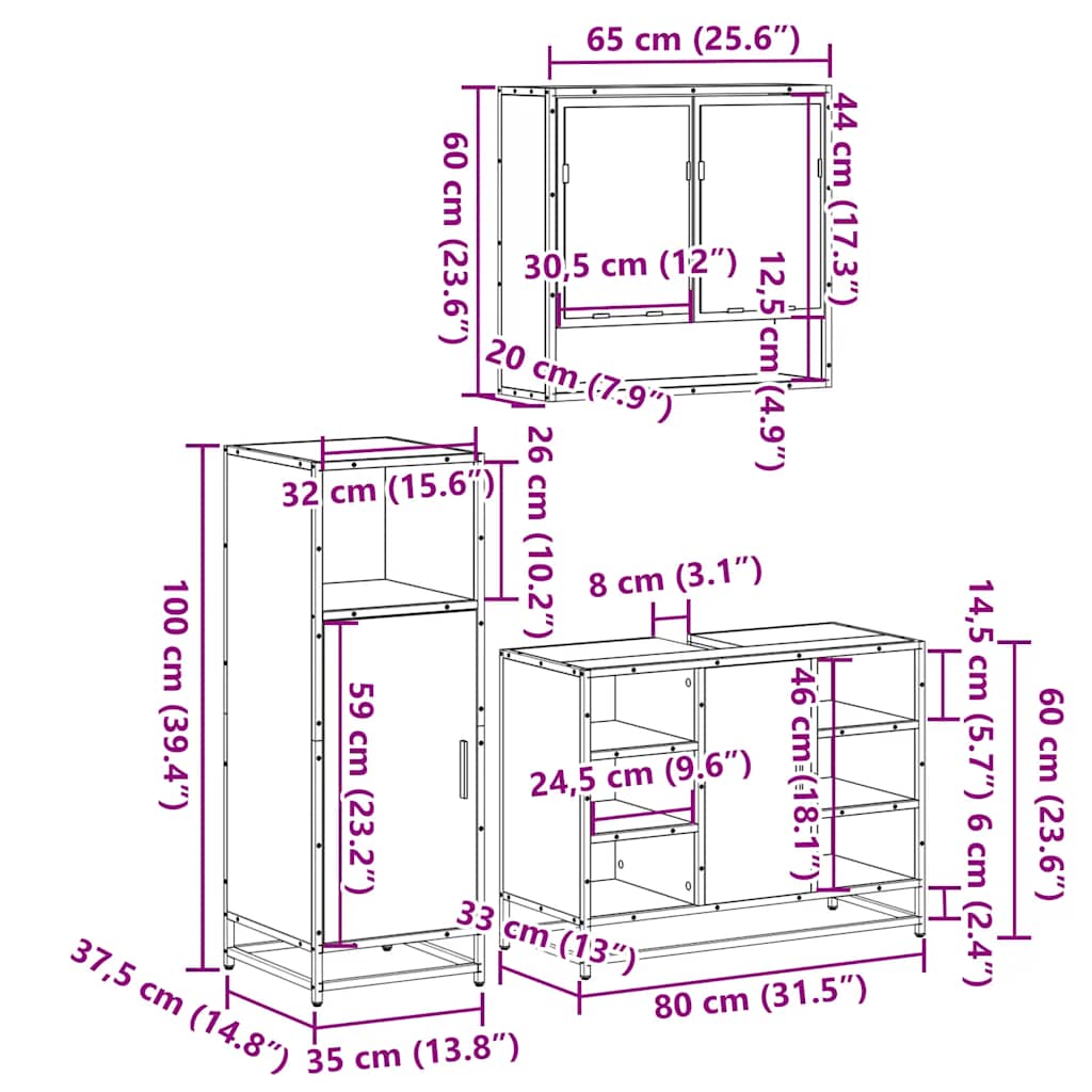 3-tlg. Badmöbel-Set Räuchereiche Holzwerkstoff