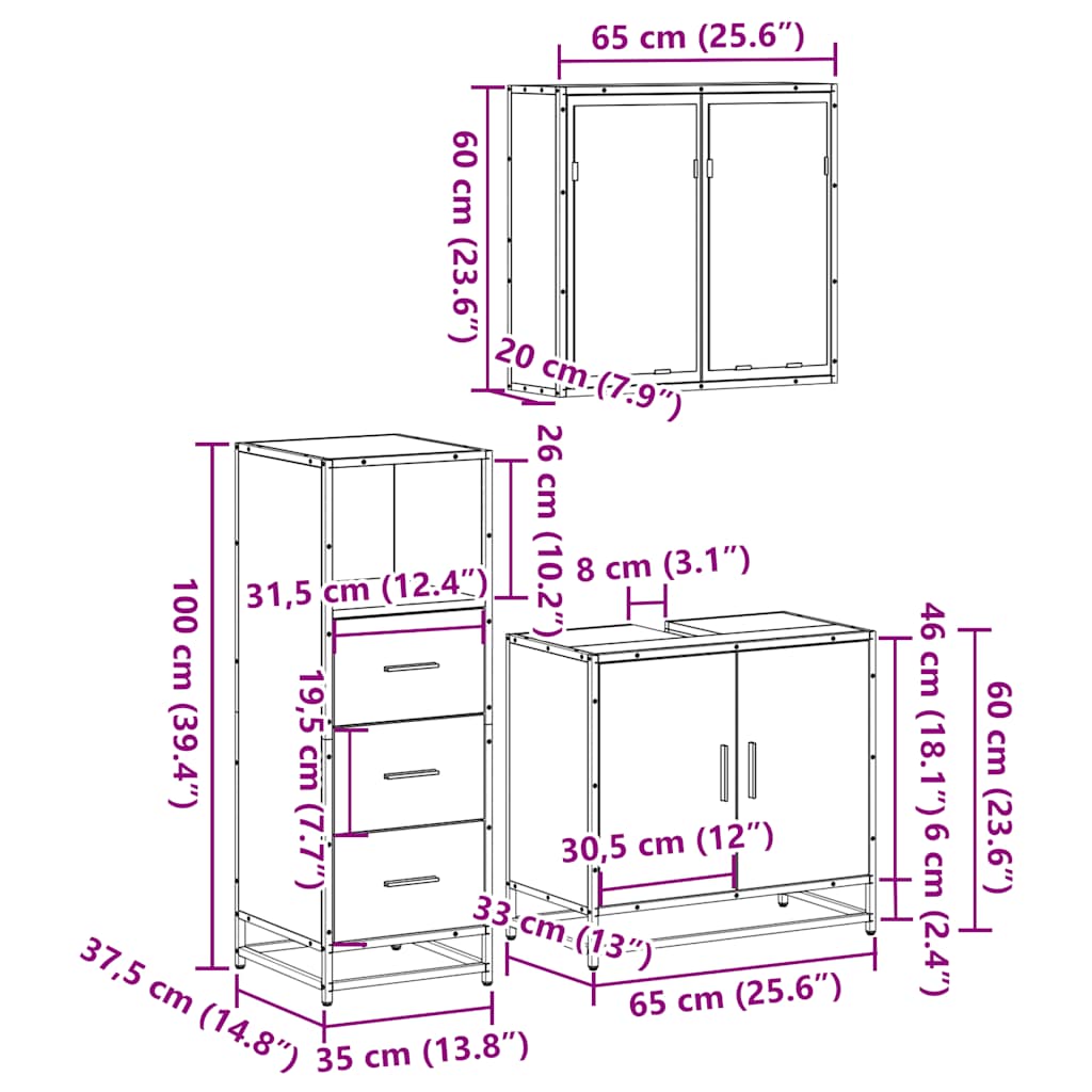 3-tlg. Badmöbel-Set Räuchereiche Holzwerkstoff