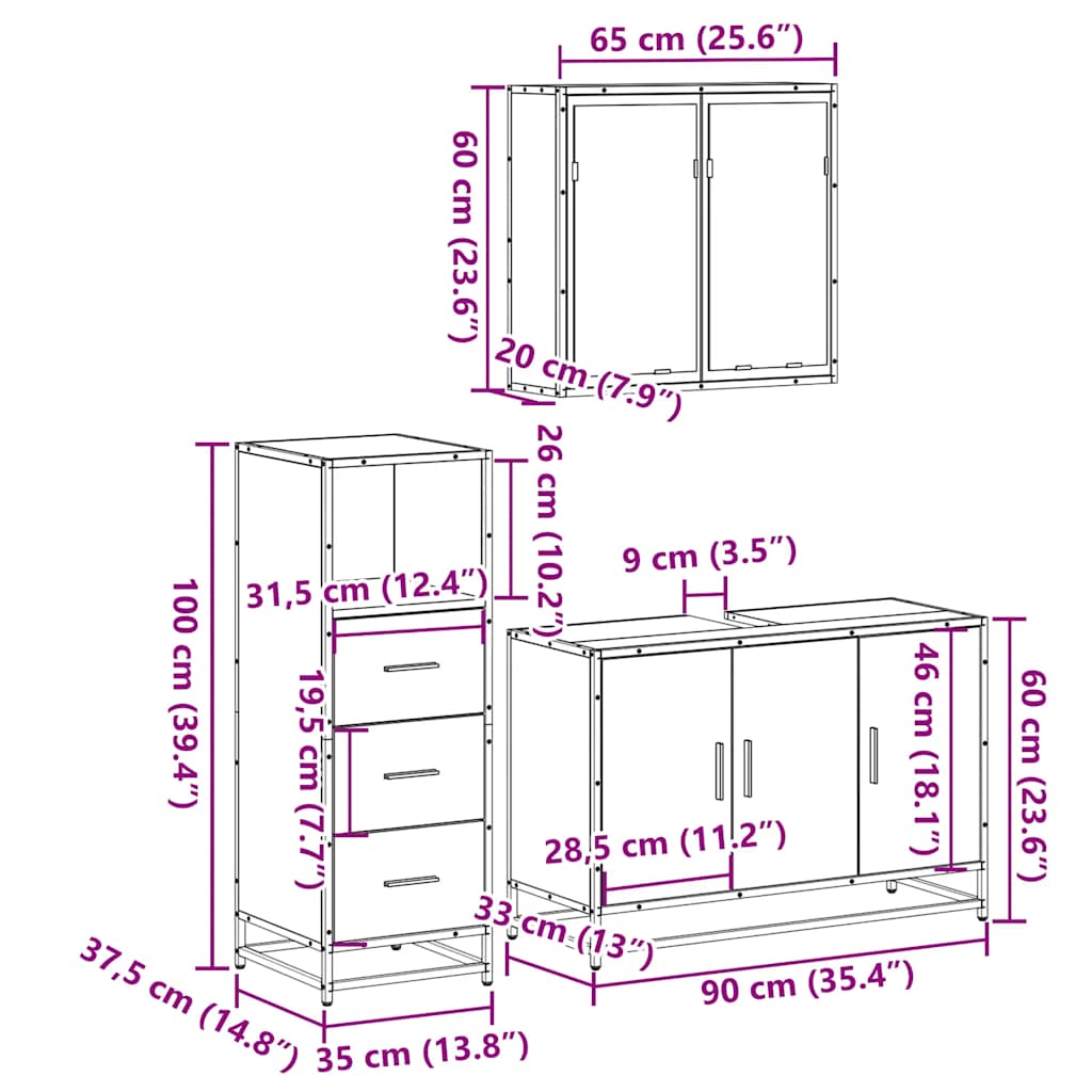 3-tlg. Badmöbel-Set Räuchereiche Holzwerkstoff