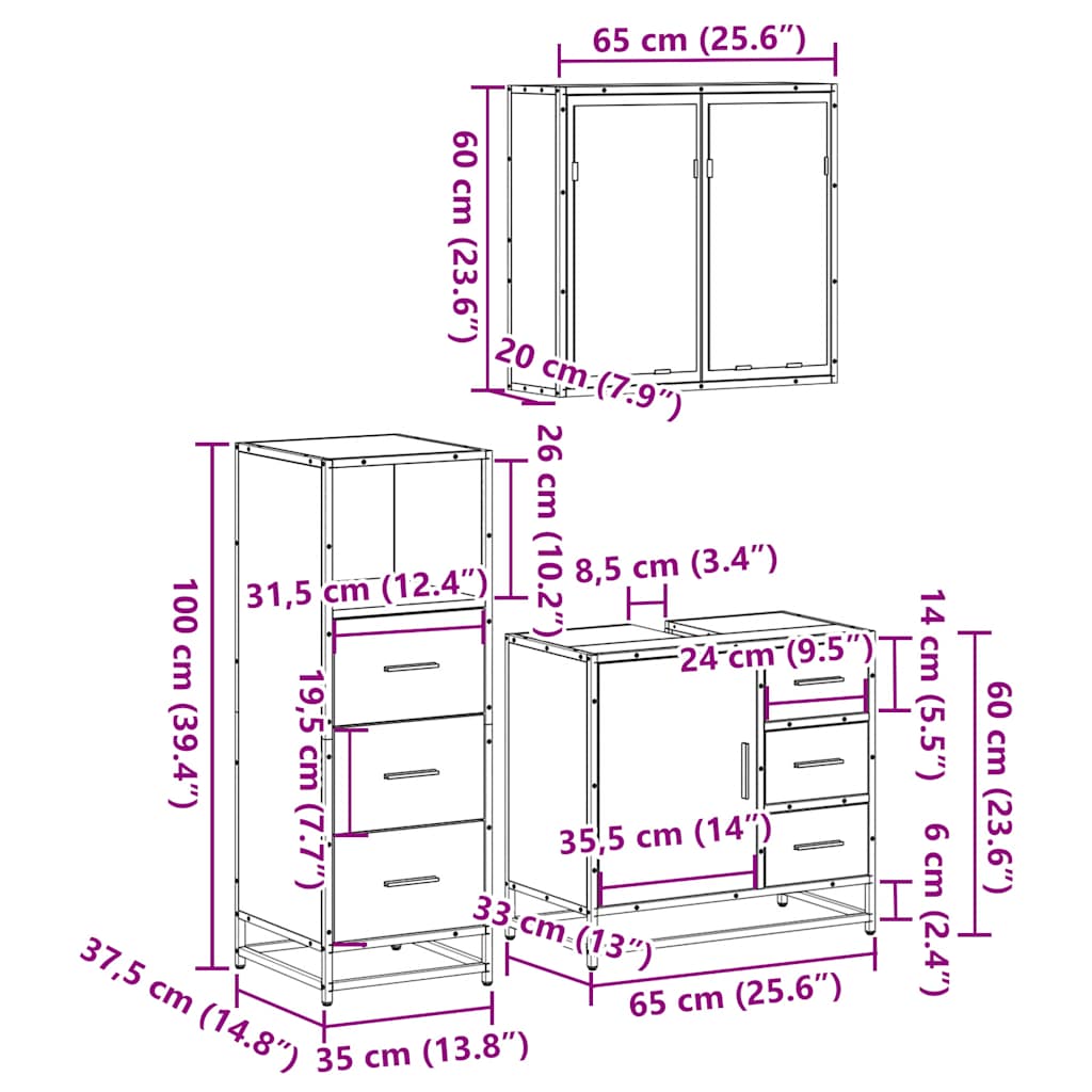 3-tlg. Badmöbel-Set Räuchereiche Holzwerkstoff