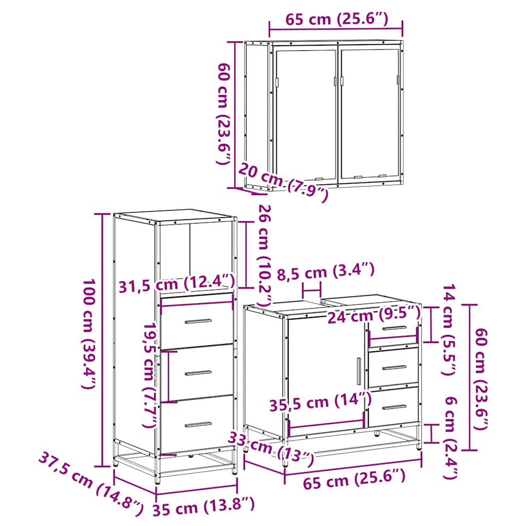 3-tlg. Badmöbel-Set Braun Eichen-Optik Holzwerkstoff