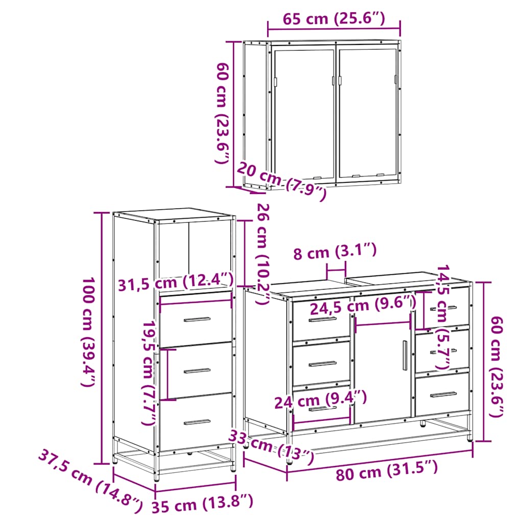 3-tlg. Badmöbel-Set Räuchereiche Holzwerkstoff