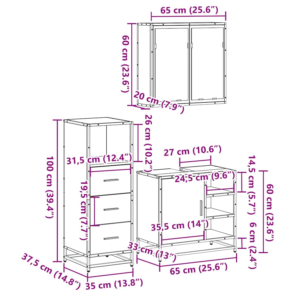 3-tlg. Badmöbel-Set Räuchereiche Holzwerkstoff