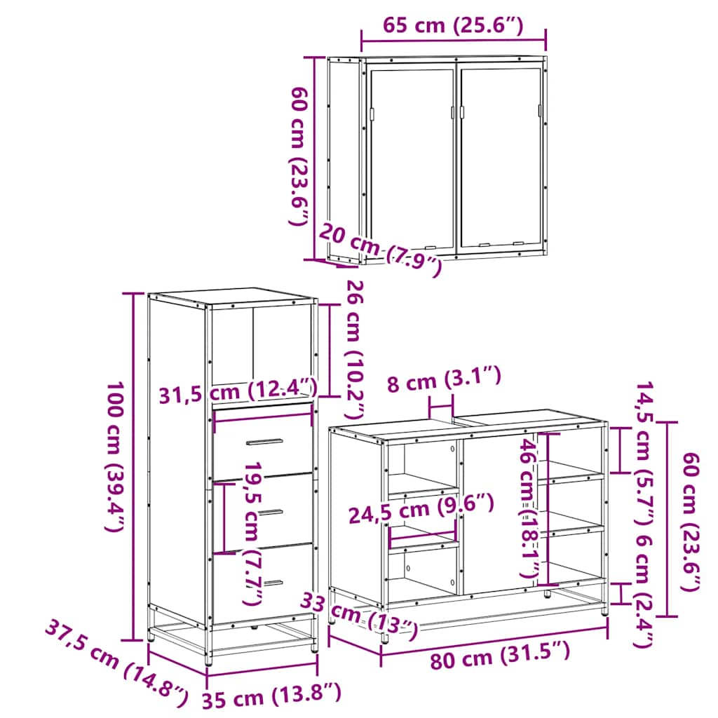 3-tlg. Badmöbel-Set Schwarz Holzwerkstoff