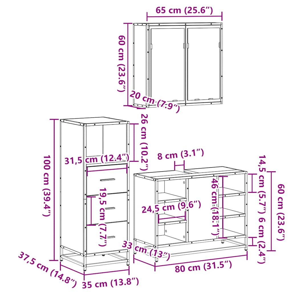 3-tlg. Badmöbel-Set Räuchereiche Holzwerkstoff