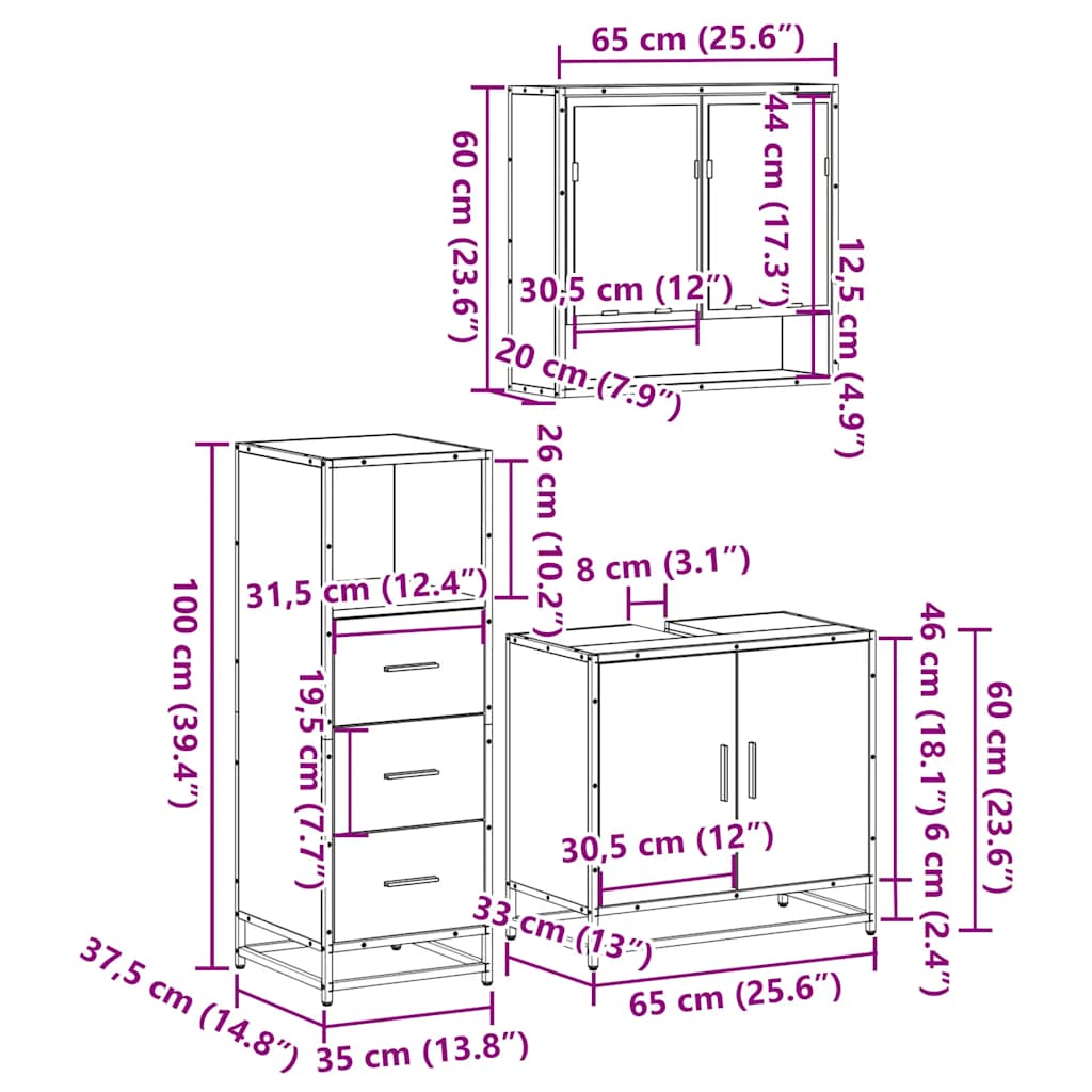 3-tlg. Badmöbel-Set Räuchereiche Holzwerkstoff