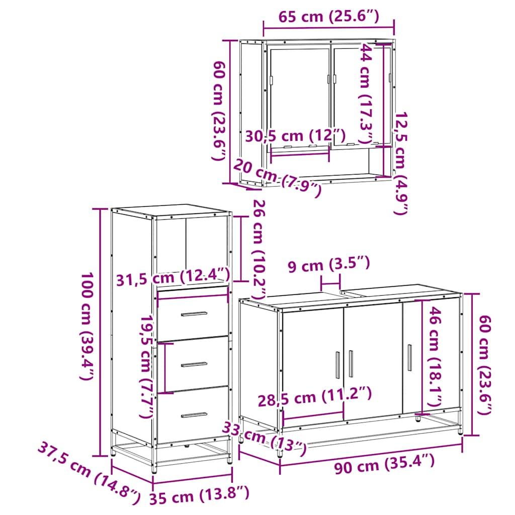 3-tlg. Badmöbel-Set Räuchereiche Holzwerkstoff