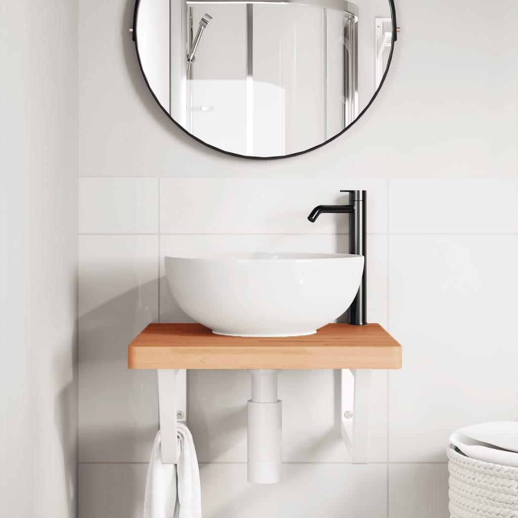 Waschbeckenregal Wandmontage Stahl und Massivholz Buche