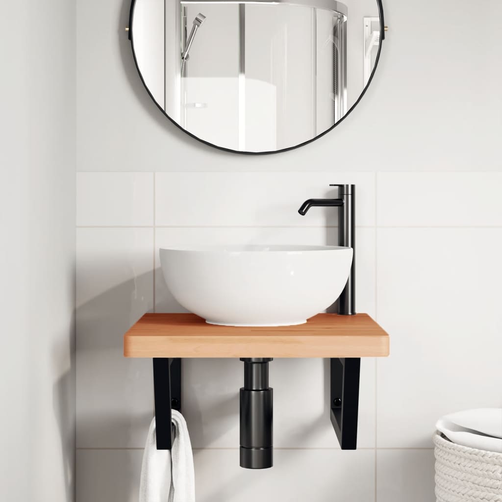 Waschbeckenregal Wandmontage Stahl und Massivholz Buche