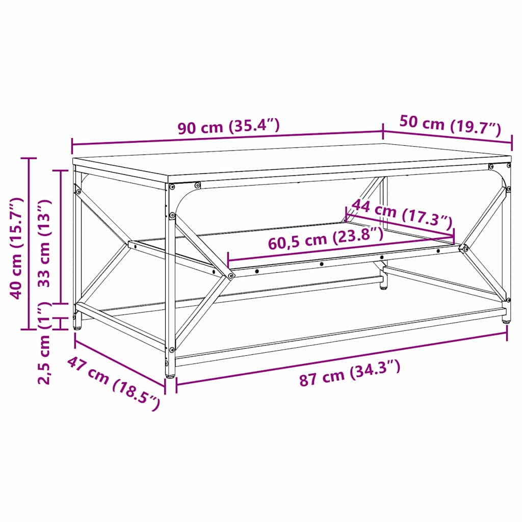 Couchtisch Sonoma Eiche 90 x 50 x 40 cm Ingenieurholz und Stahl