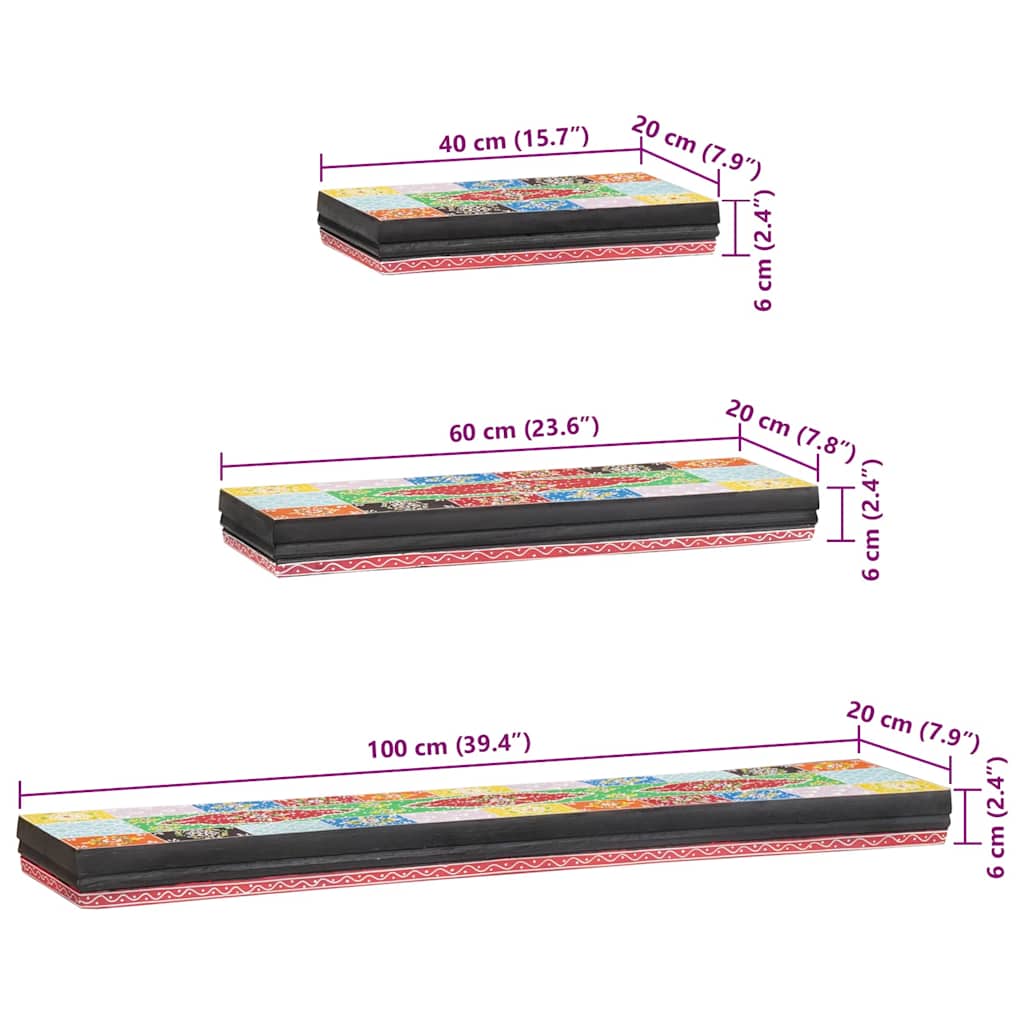 Wandregale 3 pcs Mehrfarbig 100 x 20 x 6 cm Massivholz Mango