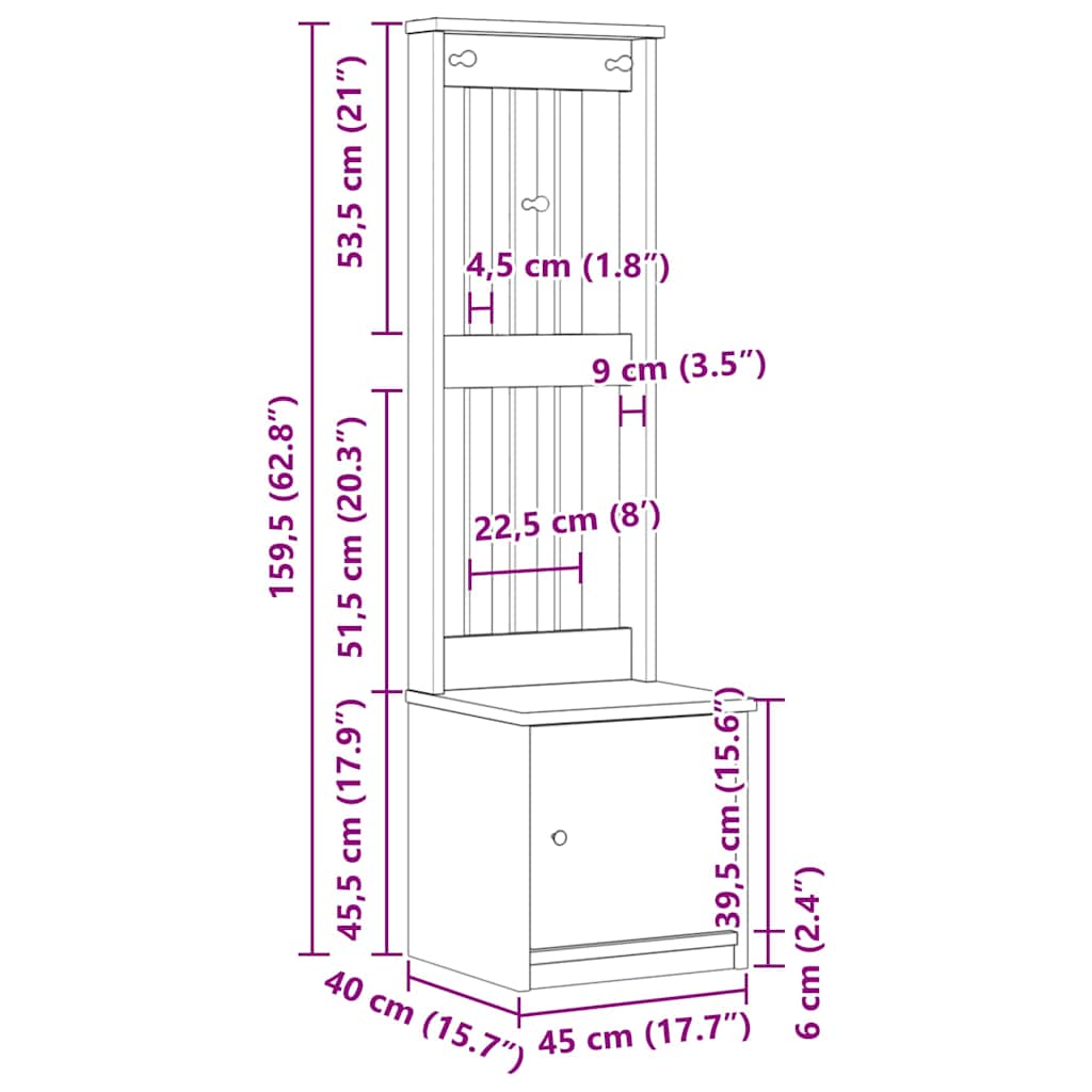 Garderobenständer SANDNES 45x40x159,5 cm Massivholz Kiefer