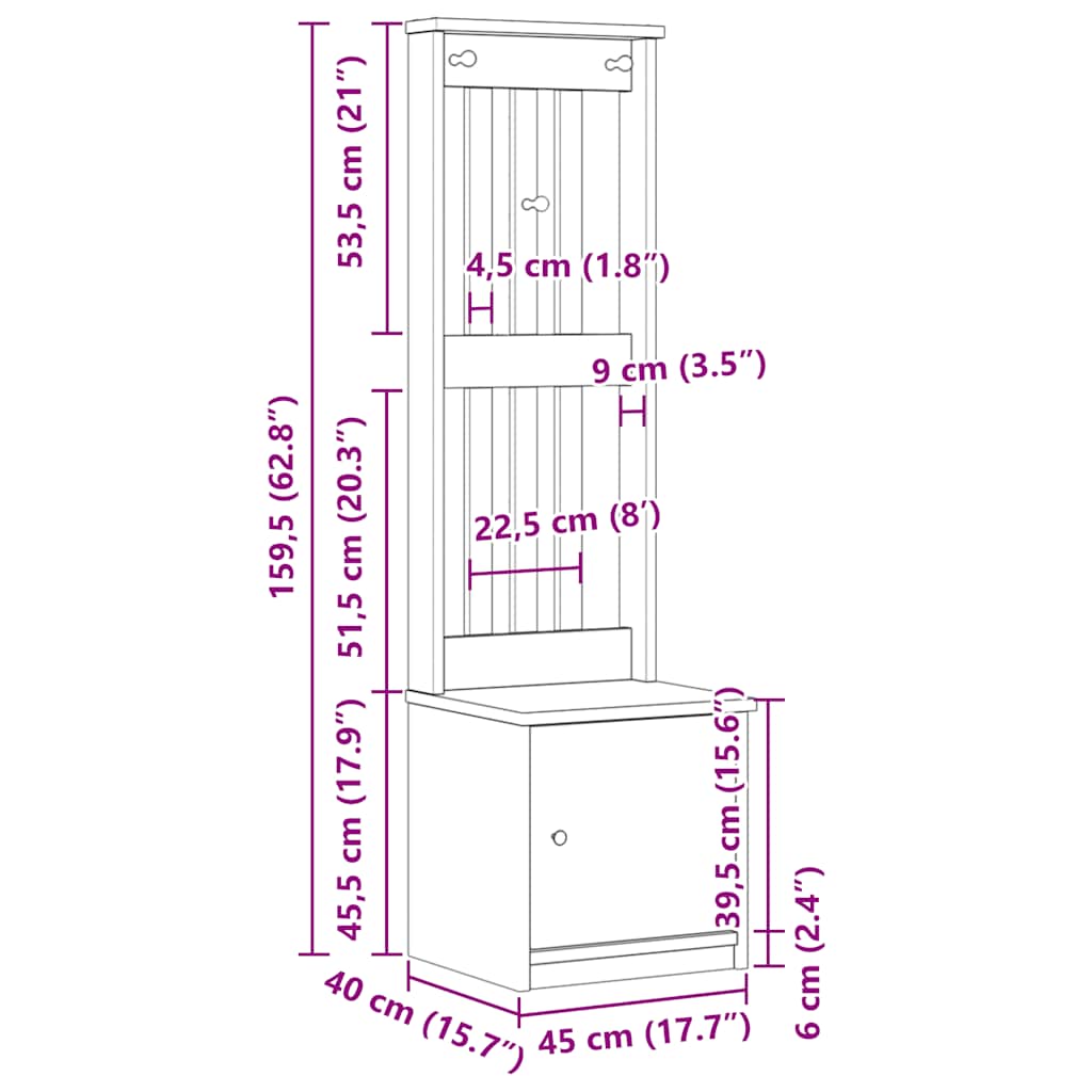 Garderobenständer SANDNES Weiß 45x40x159,5 cm Massivholz Kiefer