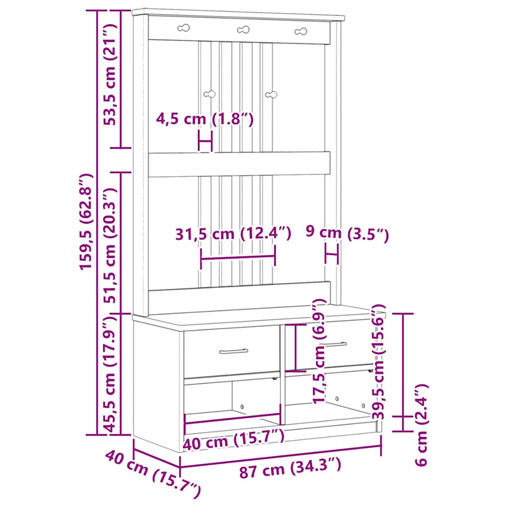 Garderobenständer SANDNES 87x40x159,5cm Massivholz Kiefer
