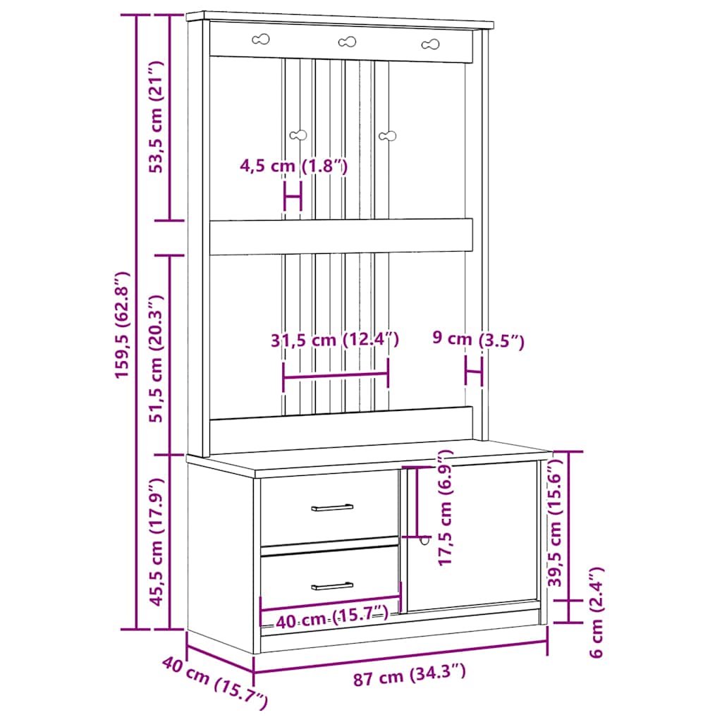 Garderobenständer SANDNES 87x40x159,5cm Massivholz Kiefer