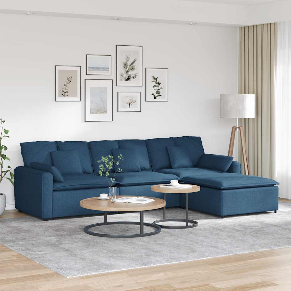 Modulares Sofa mit Fußhocker und Kissen Blau