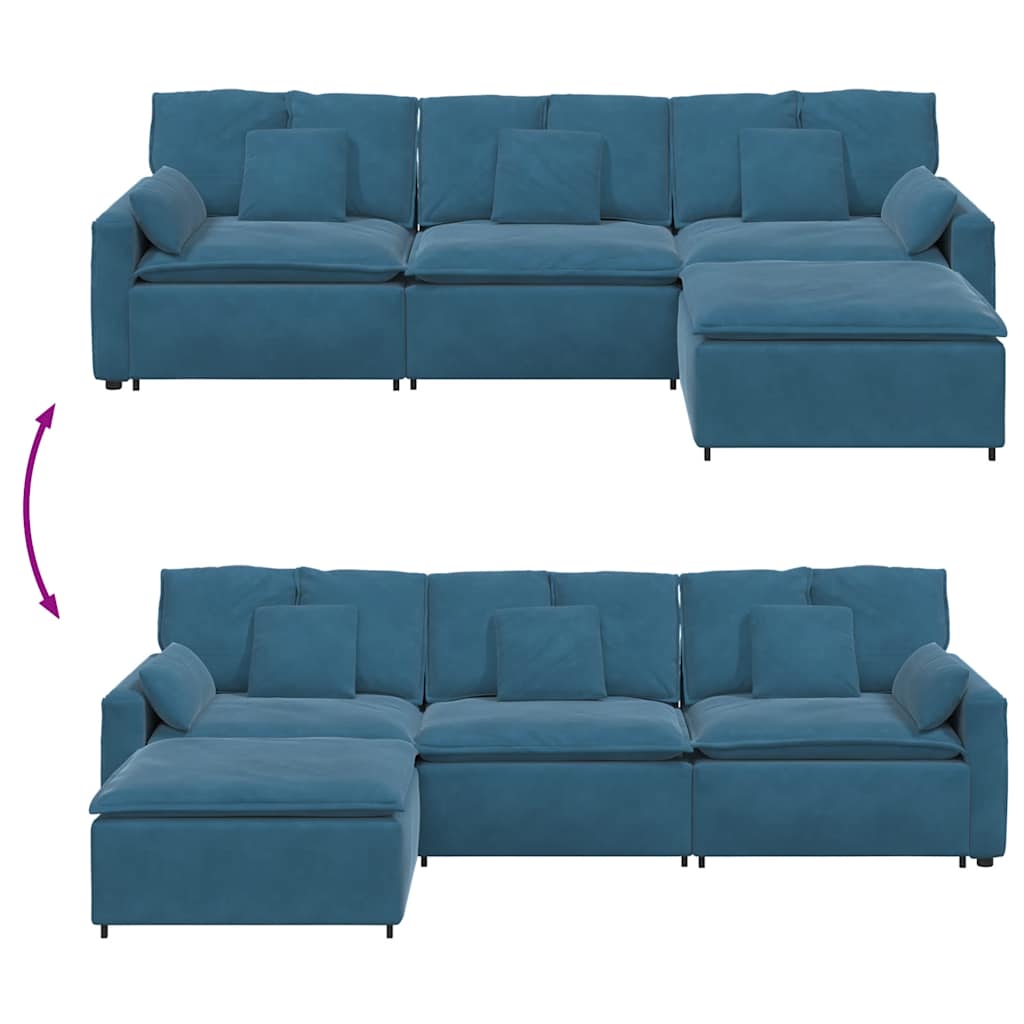Modulares Sofa mit Fußhocker und Kissen Blau
