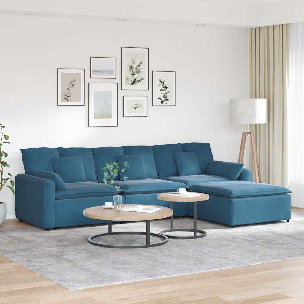 Modulares Sofa mit Fußhocker und Kissen Blau