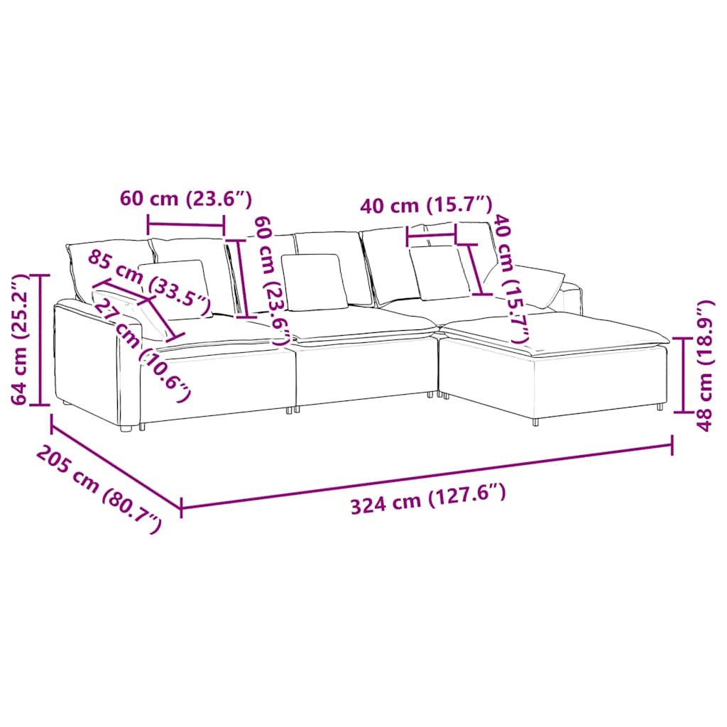 Modulares Sofa mit Fußhocker und Kissen Cream