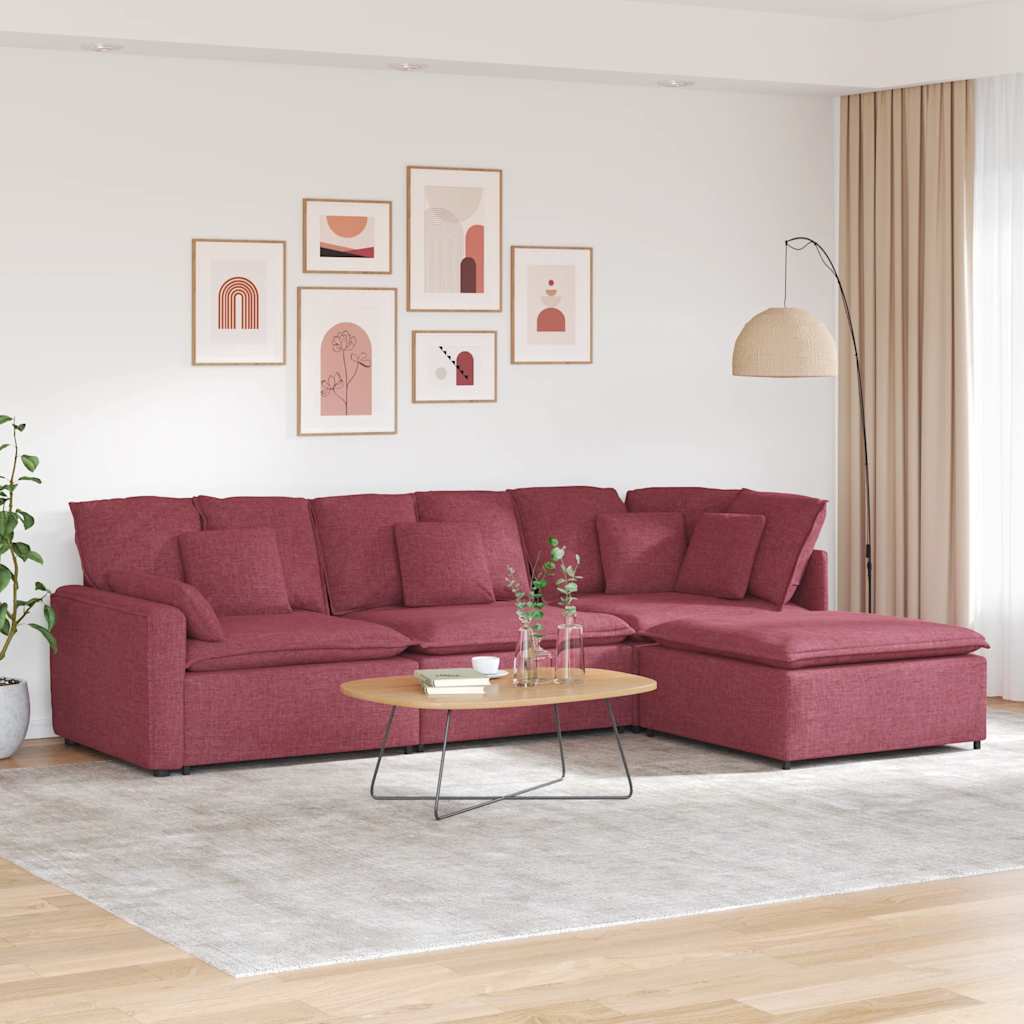 Modulares Sofa mit Fußhocker Kissen Stoff Weinrot
