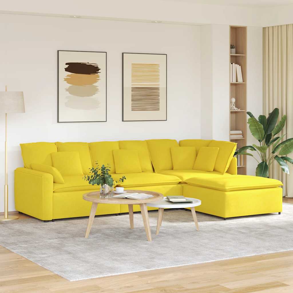 Modulares Sofa mit Fußhocker Kissen Stoff Hellgelb