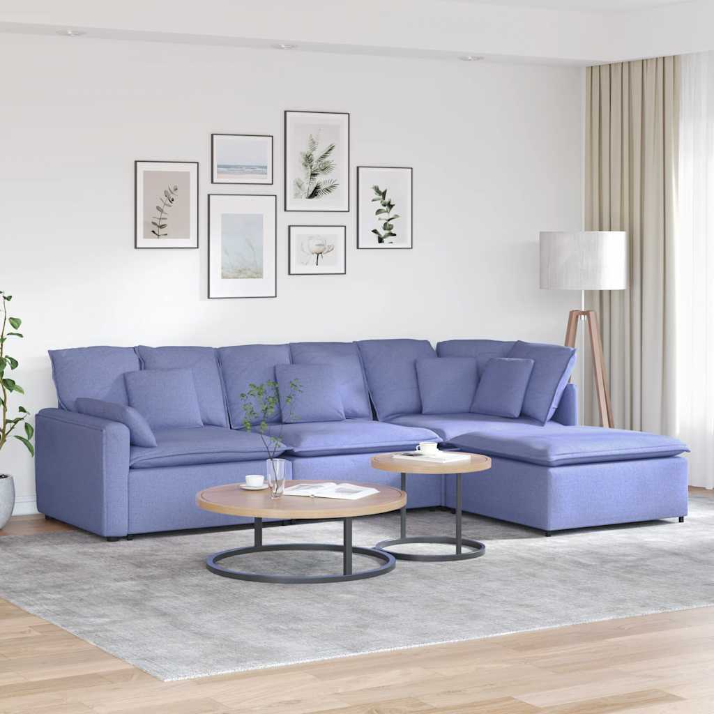 Modulares Sofa mit Fußhocker Kissen Stoff Jeansblau