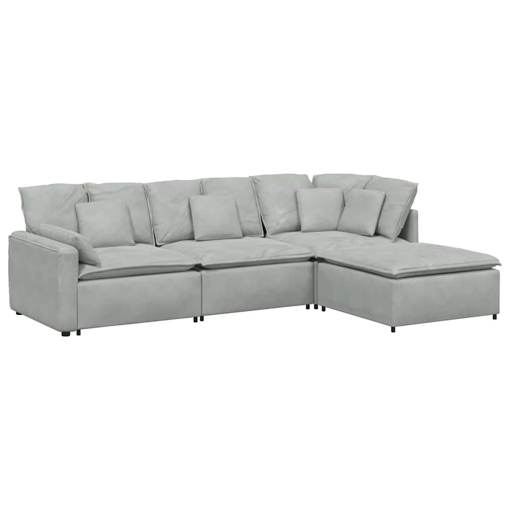 Modulares Sofa mit Fußhocker Kissen Samt Hellgrau