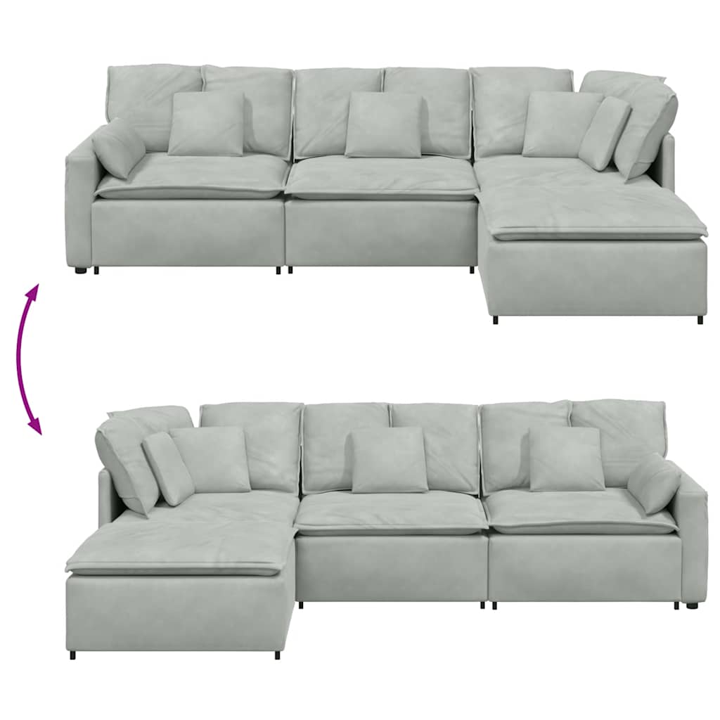 Modulares Sofa mit Fußhocker Kissen Samt Hellgrau
