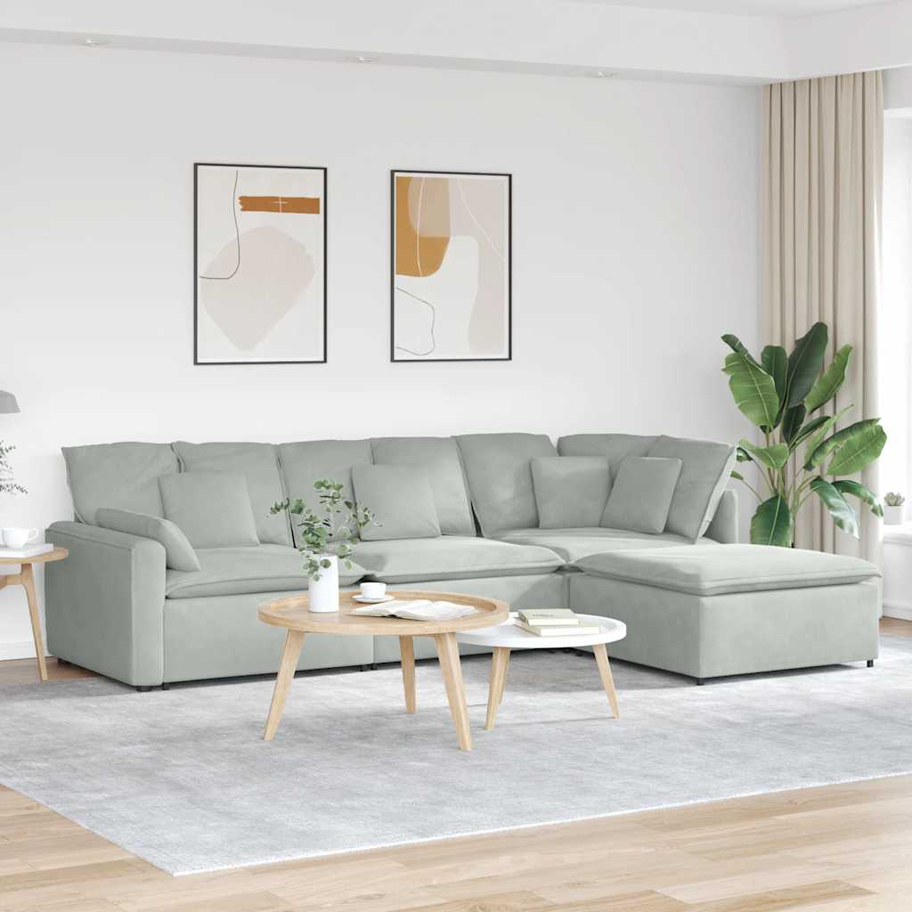 Modulares Sofa mit Fußhocker Kissen Samt Hellgrau
