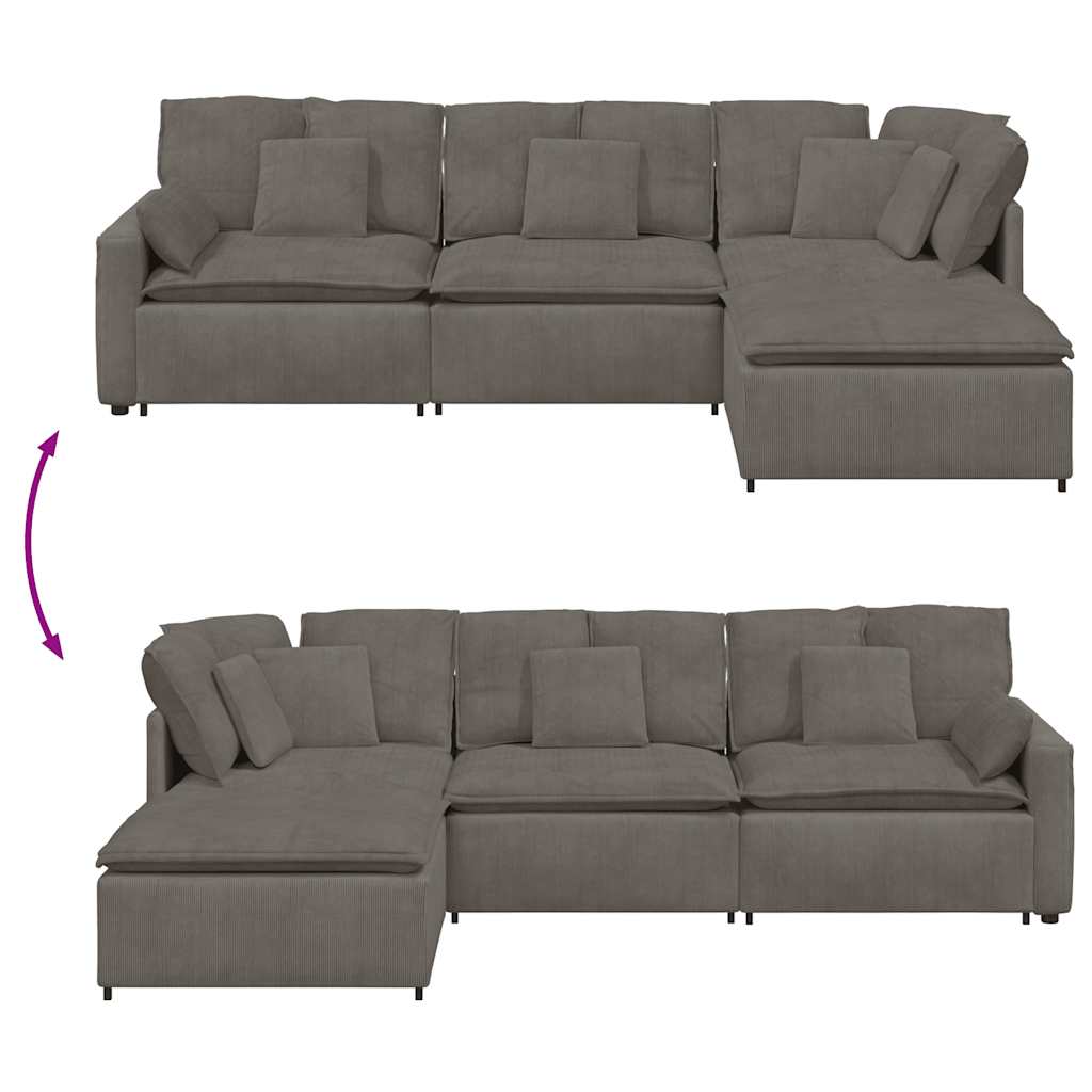Modulares Sofa mit Fußhocker Kissen Cordstoff Hellgrau