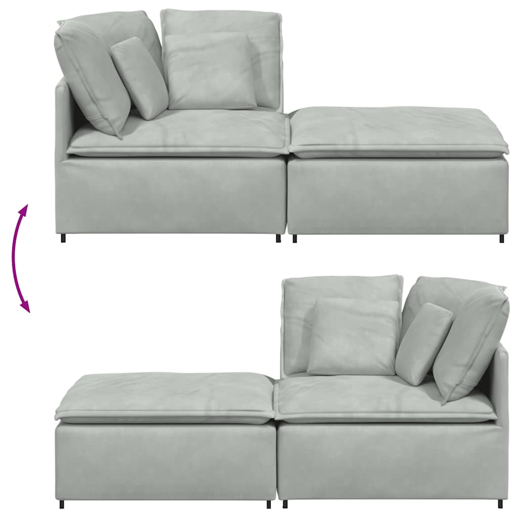 Modulares Sofa mit Fußhocker Kissen Samt Hellgrau