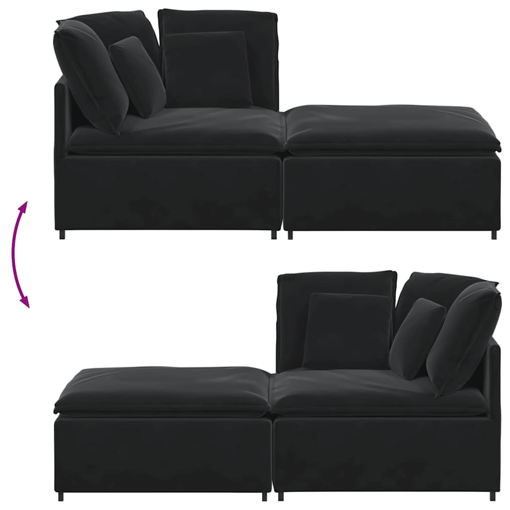 Modulares Sofa mit Fußhocker Kissen Samt Schwarz