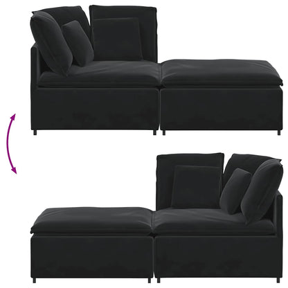 Modulares Sofa mit Fußhocker Kissen Samt Schwarz