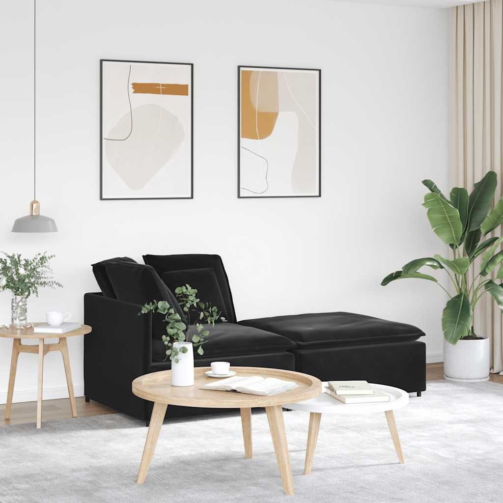 Modulares Sofa mit Fußhocker Kissen Samt Schwarz