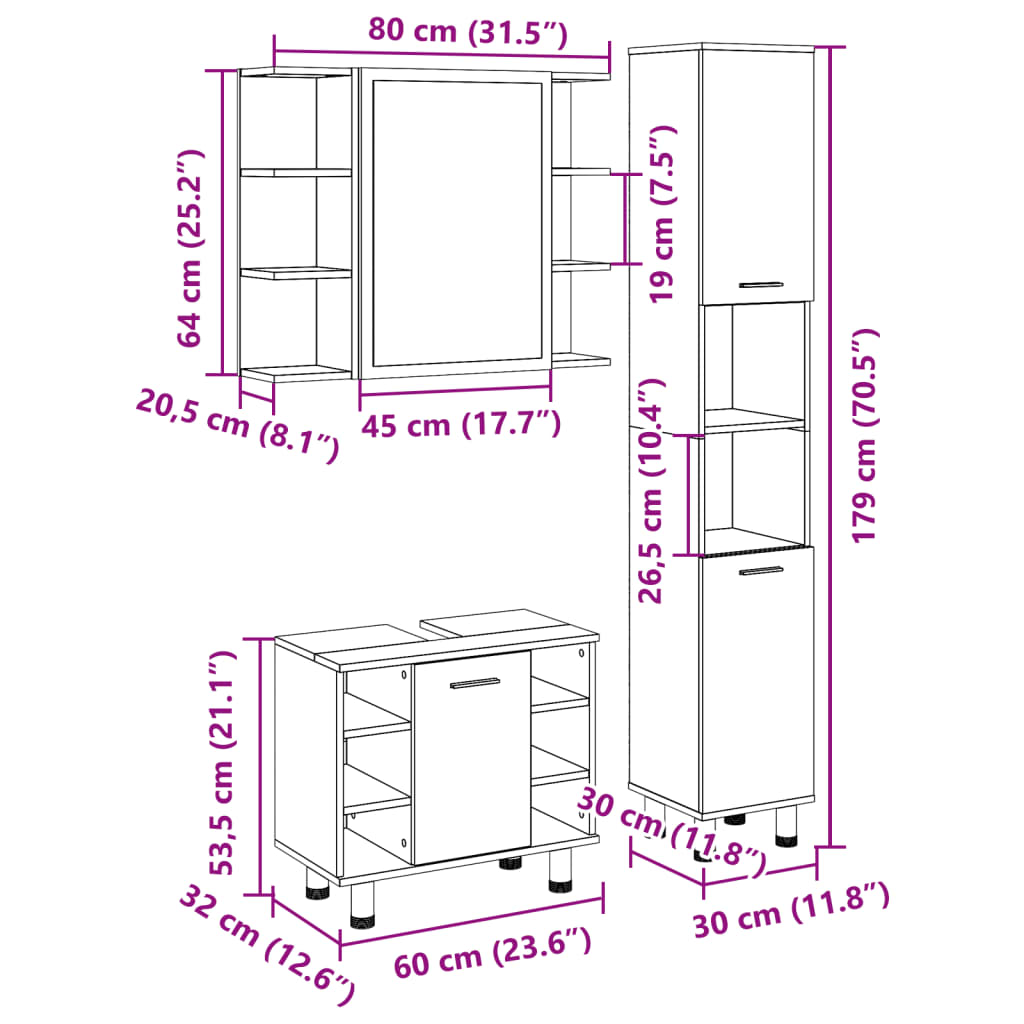 3-tlg. Badmöbel-Set Sonoma-Eiche Holzwerkstoff