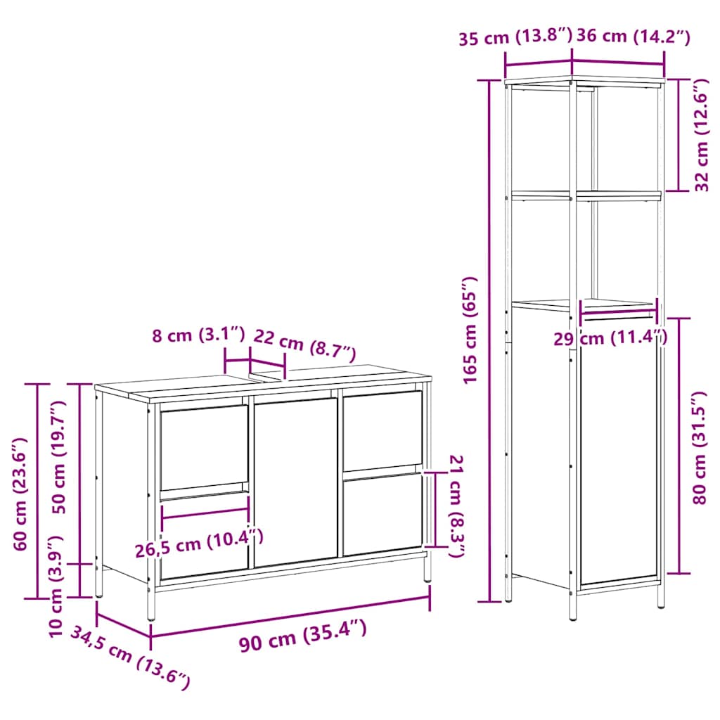 Badezimmermöbel Set mit Schubladen 2 pcs Rauchesche und Schwarz