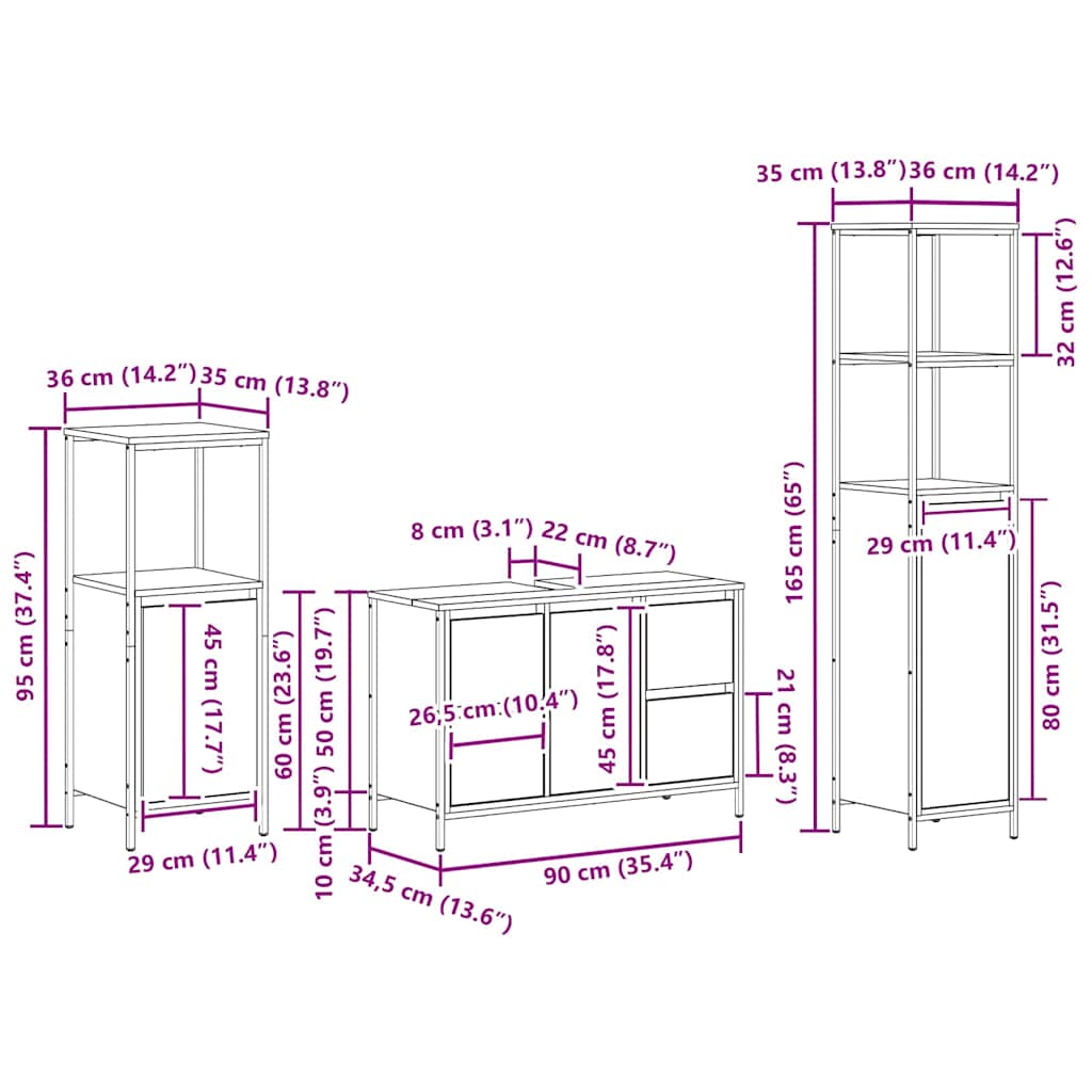 Badezimmermöbel Set mit Schubladen 3 pcs Rauchesche und Schwarz