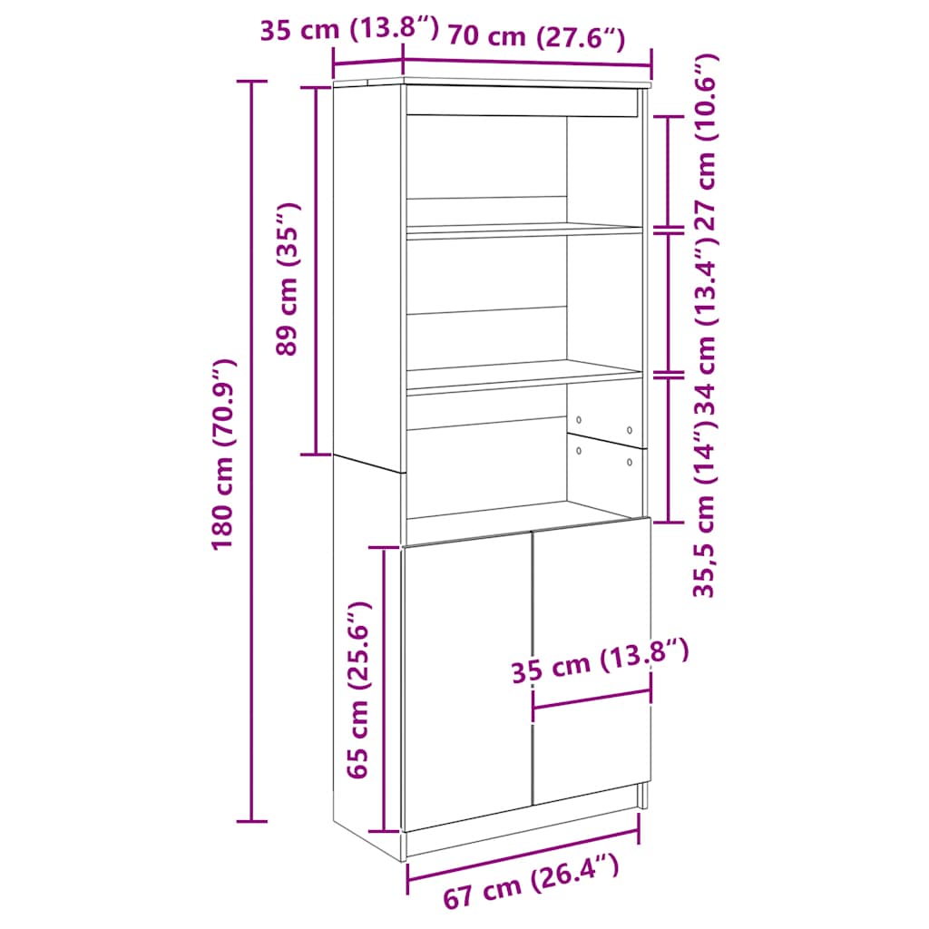 Highboard Räuchereiche 70x35x180 cm Holzwerkstoff