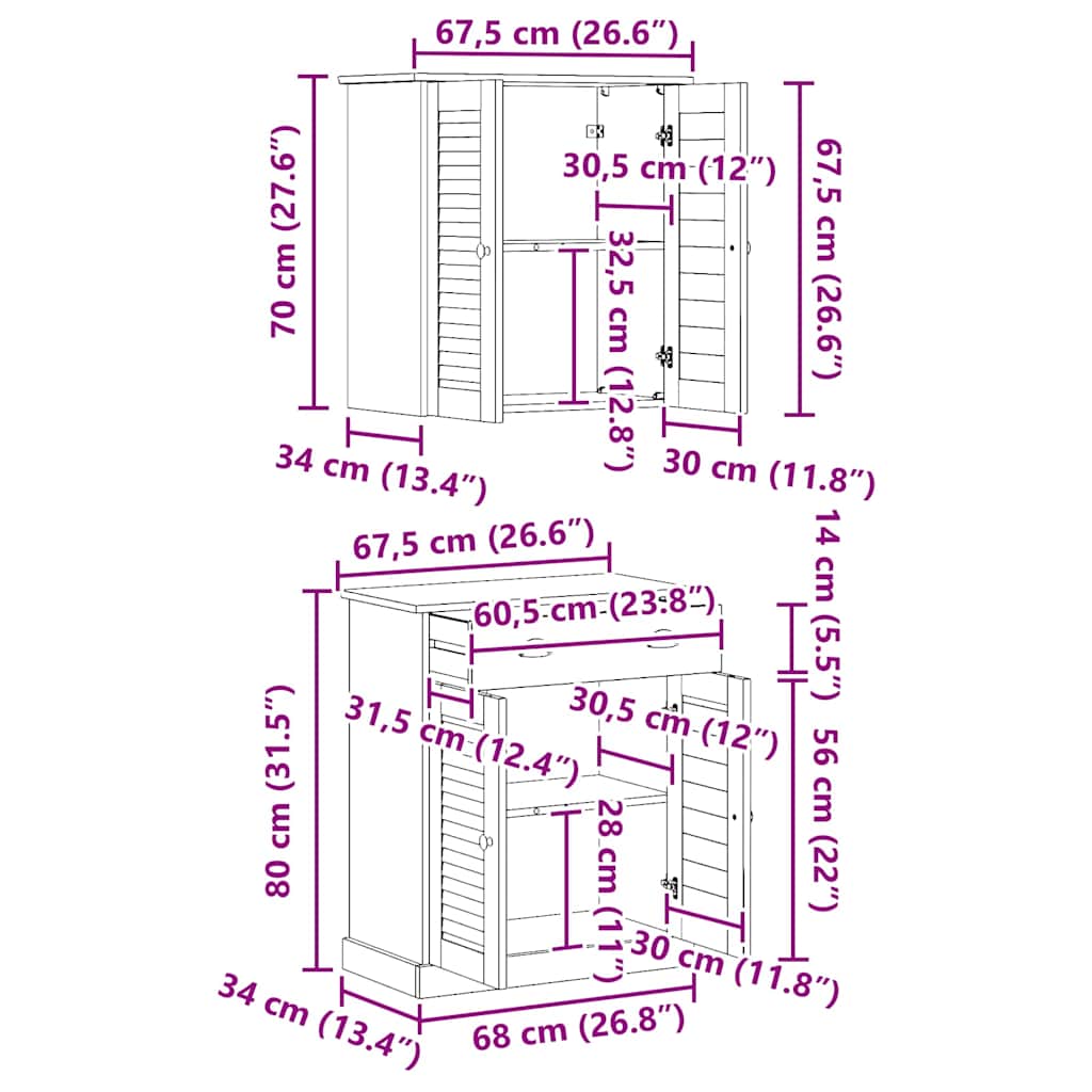 Badezimmermöbel Set mit Tür VIGO 2 pcs Braun 67,5 x 34 x 80 cm