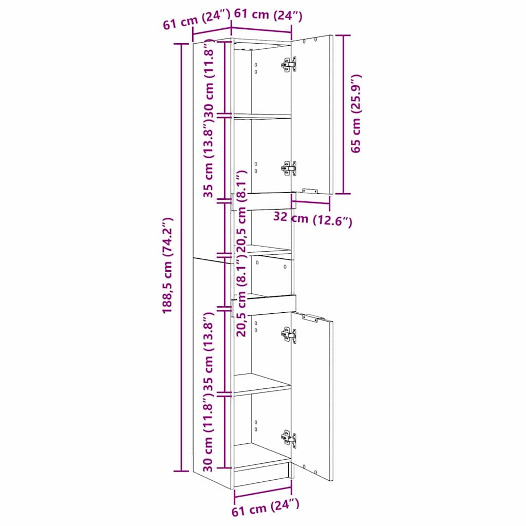 Badezimmer Schrank mit Regal Schwarze Eiche 32 x 34 x 188,5 cm