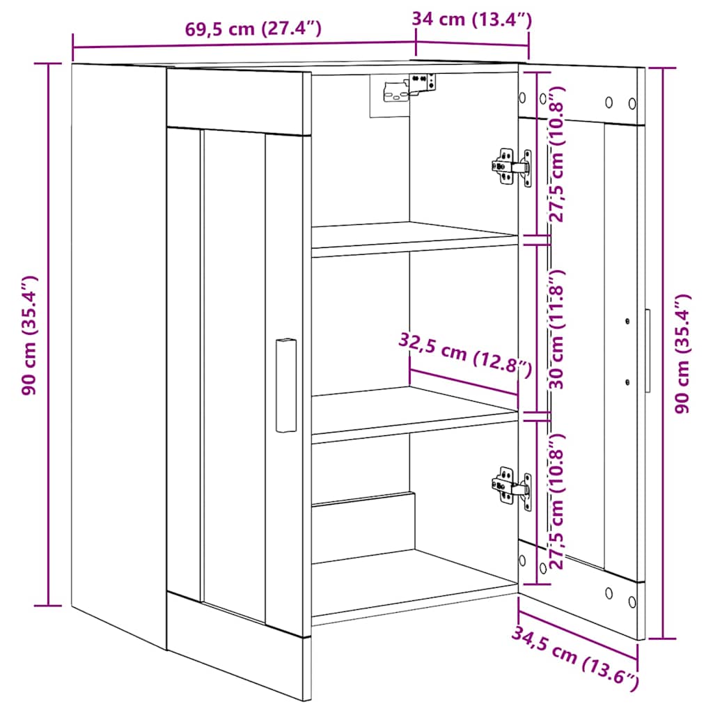 Wandschrank Schwarz Eichen-Optik 69.5 x 34 x 90 cm