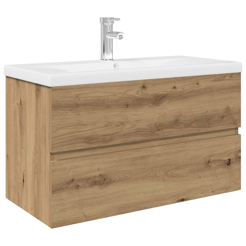Waschbeckenunterschrank mit Einbaubecken und Wasserhahn