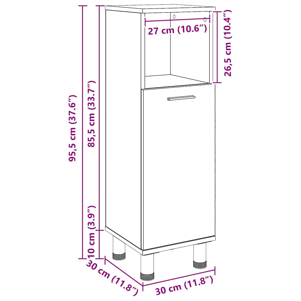 Badezimmer Schrank mit Tür Schwarz Eichen-Optik 30 x 30 x 95 cm