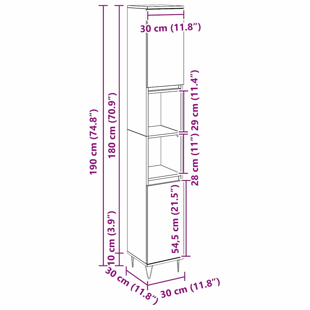 Badezimmerschrank mit Tür Schwarz Eichen-Optik 30 x 30 x 190 cm