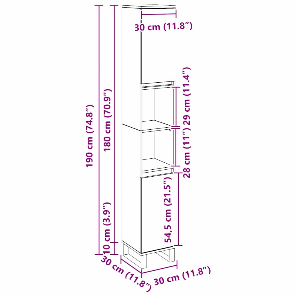 Badezimmer Schrank mit Regal Schwarze Eiche 30 x 30 x 190 cm