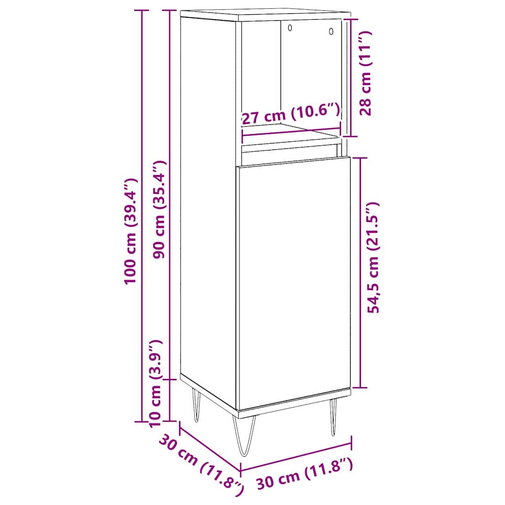 Badezimmer Schrank mit Speicher Schwarze Eiche 30 x 30 x 100 cm